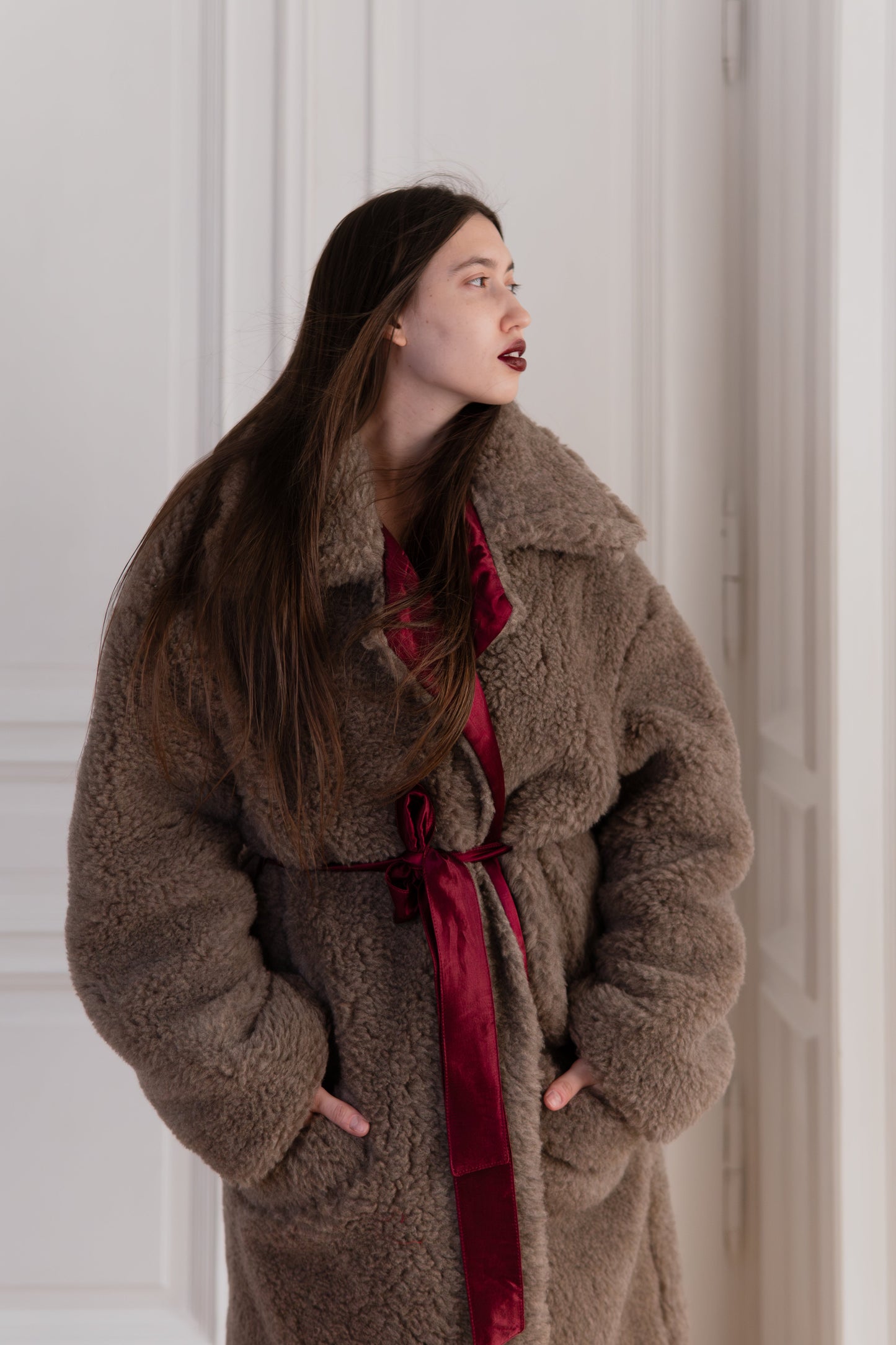 Oversized Woolen Coat with Maroon Silk Lining - Beige-3
