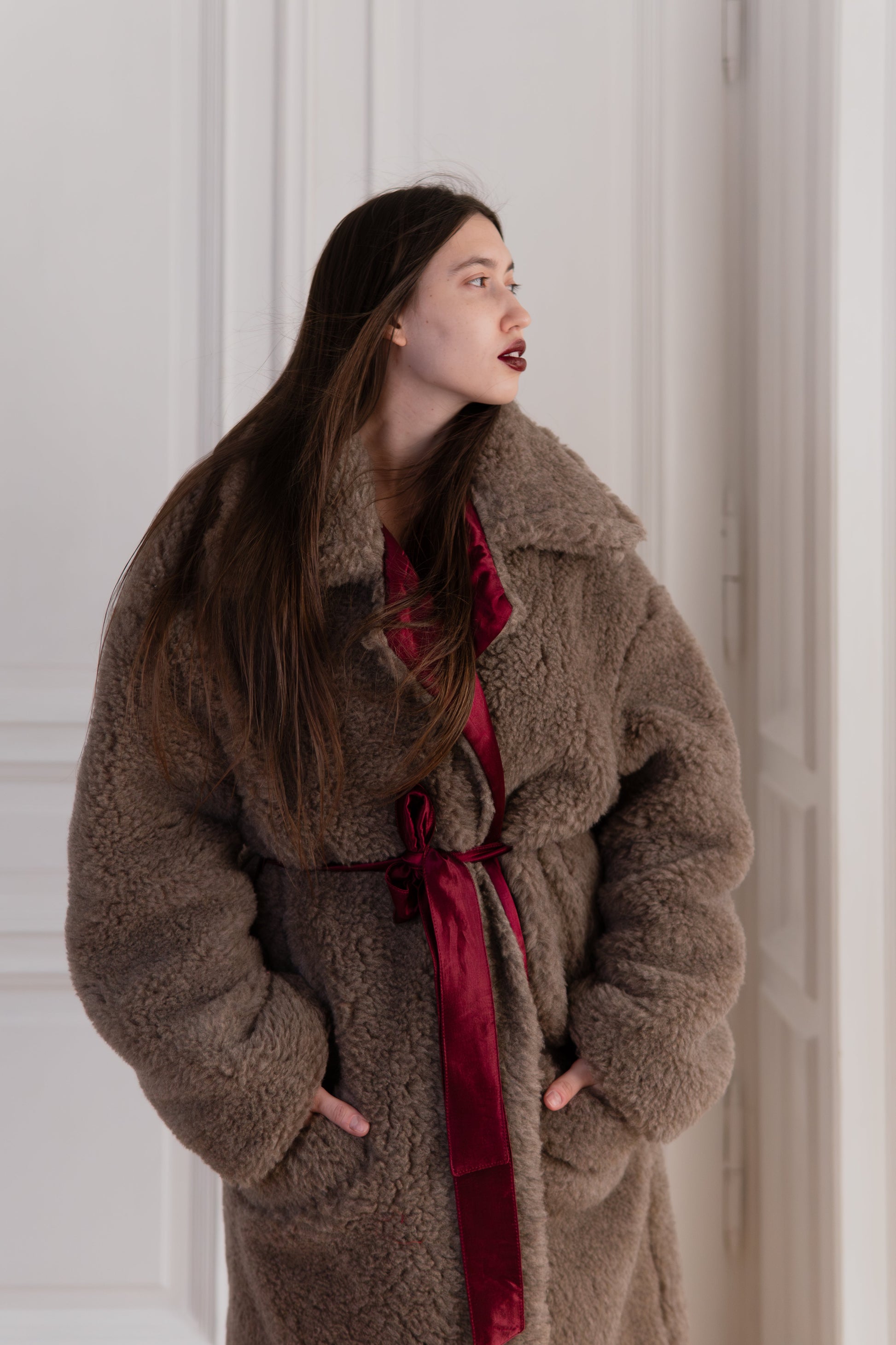 Oversized Woolen Coat with Maroon Silk Lining - Beige-3