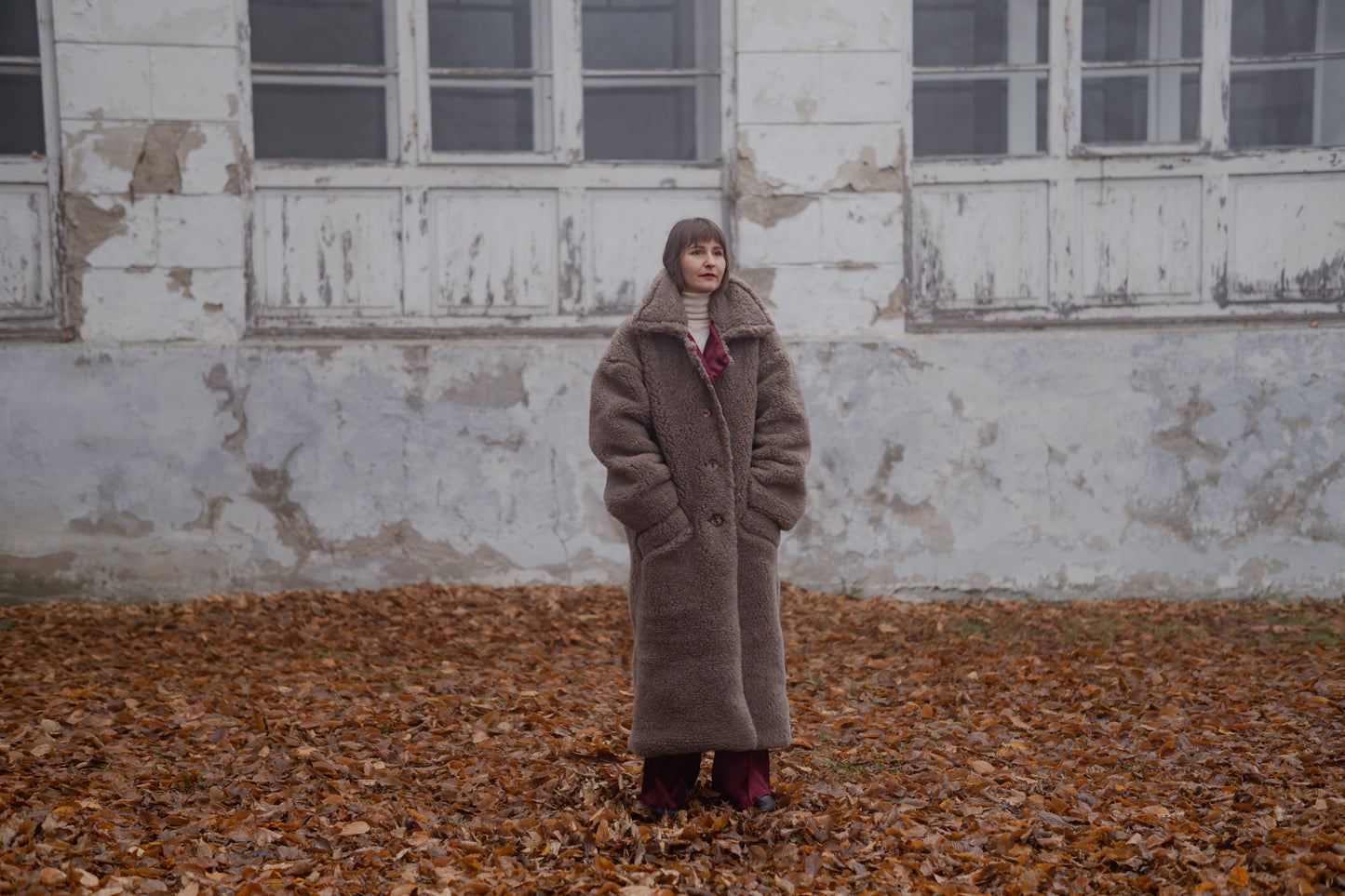 Oversized Woolen Coat with Maroon Silk Lining - Beige-0