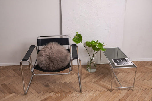 Round Natural Sheepskin Pillow - Greige-1