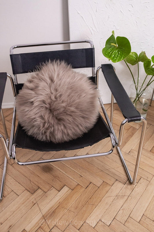Round Natural Sheepskin Pillow - Greige-0